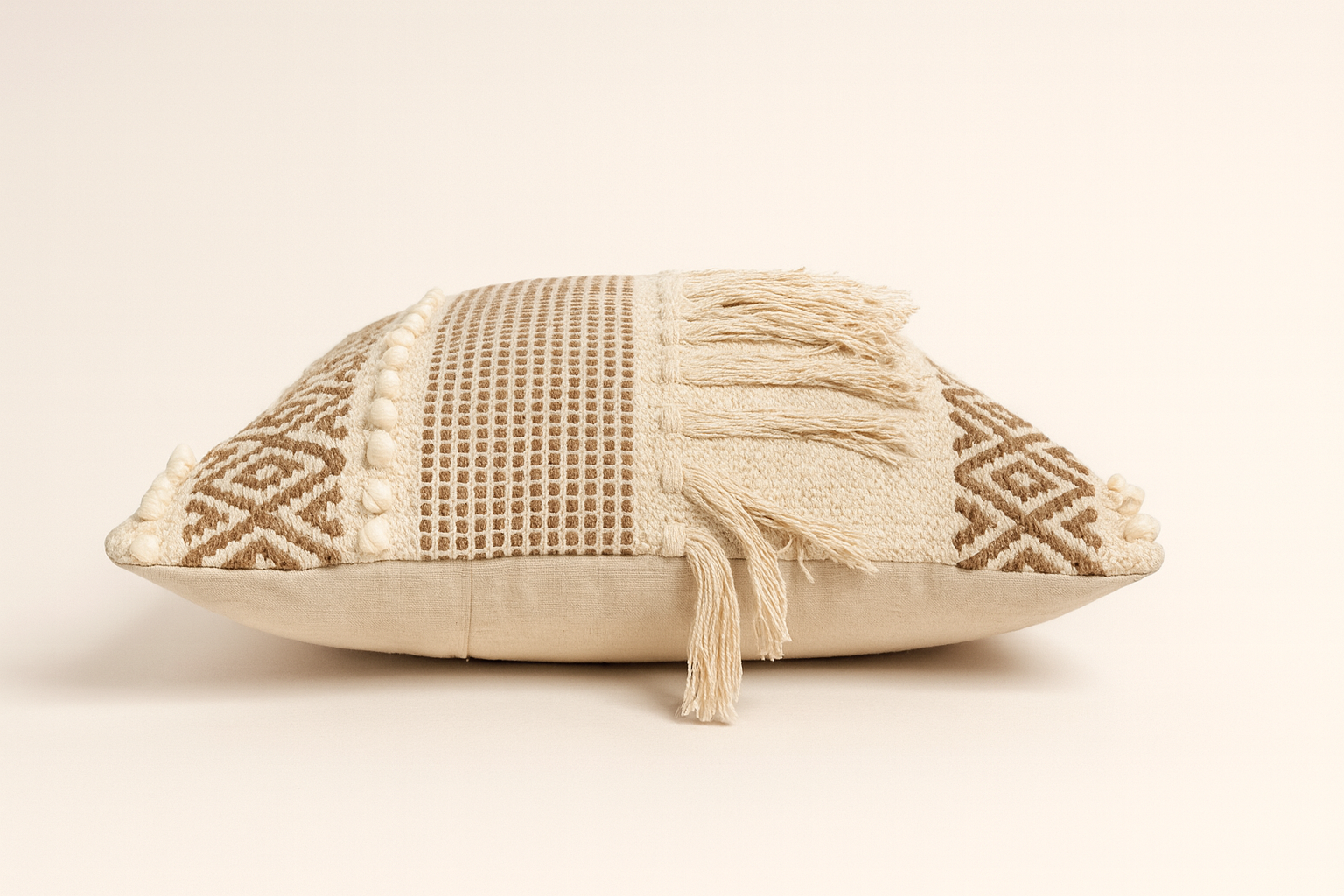 Boho Cushion Cover – Vanilla and Hazelnut - Single Fringe