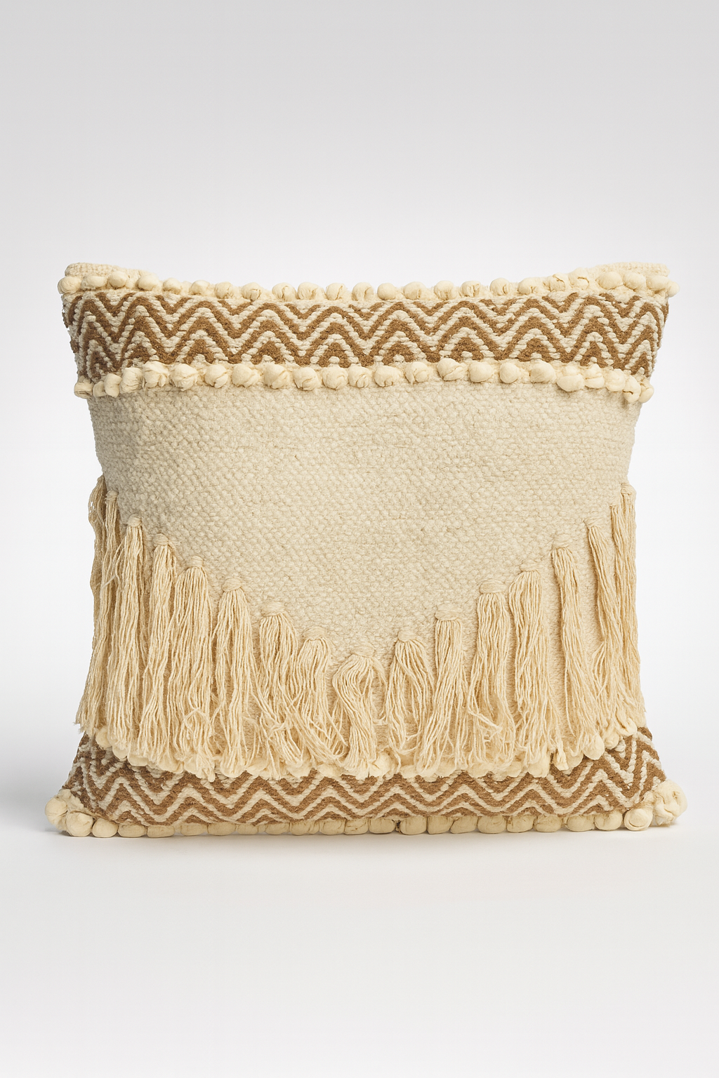 Boho Cushion Cover – Vanilla and Hazelnut - Diagonal Fringe