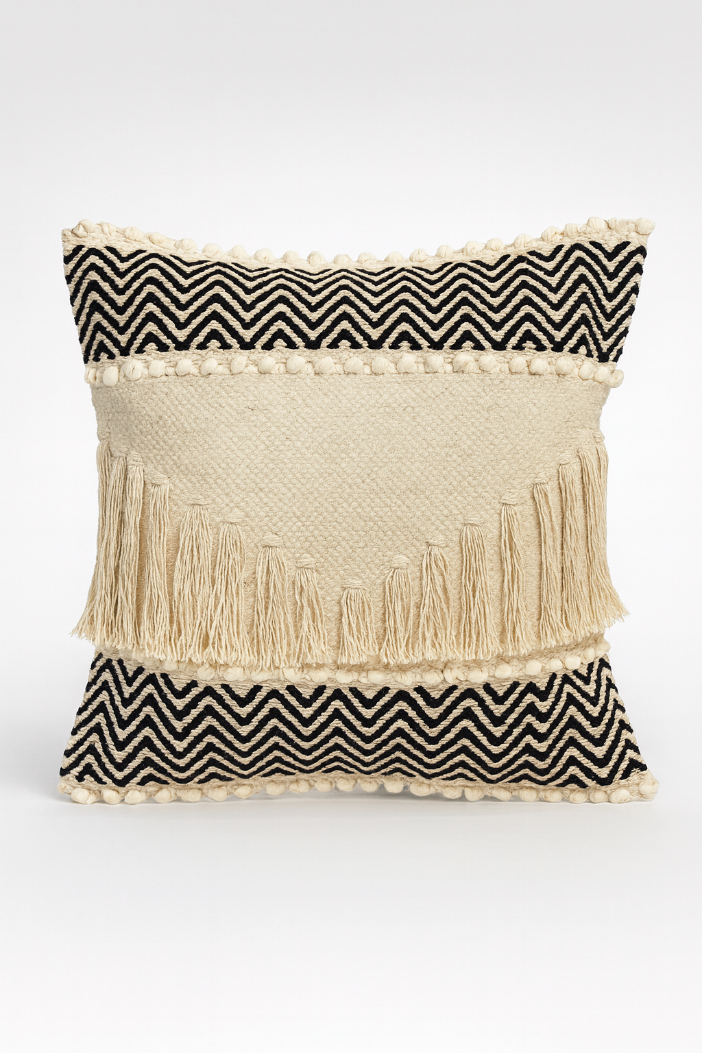 Boho Cushion Cover – Deep Noir on Vanilla - Diagonal Fringe