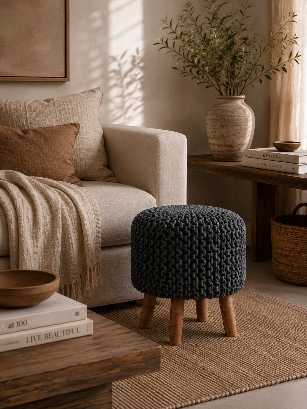 Soft Furnishings – Charcoal Macramé Ottoman