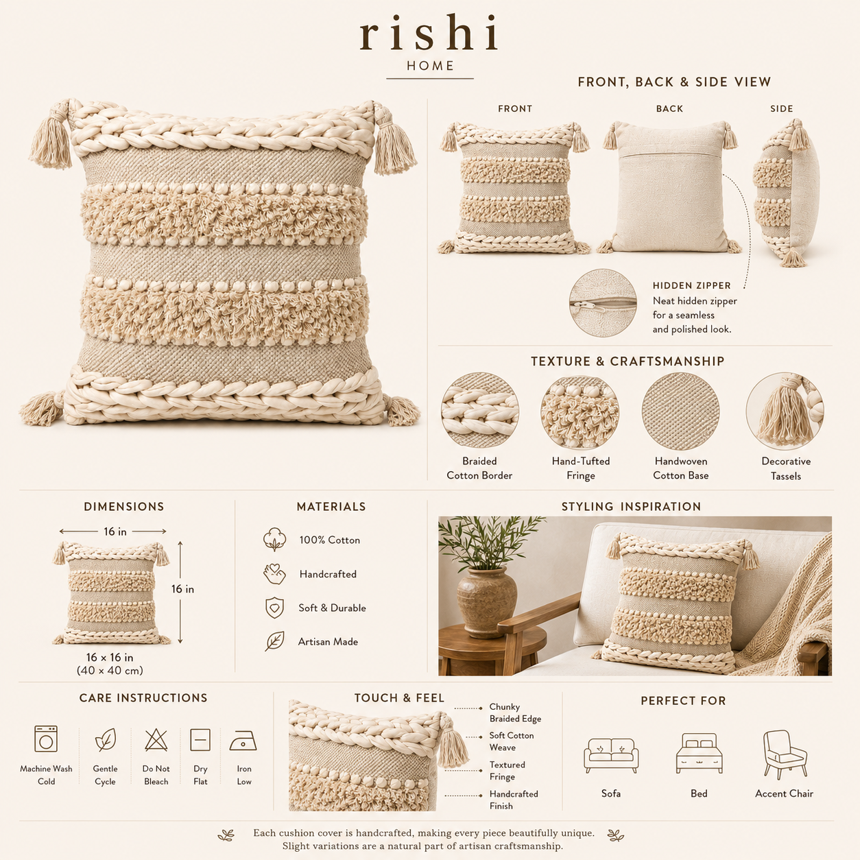 Boho Cushion Cover – Vanilla Cream Braids