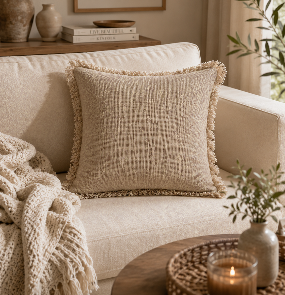 Boho Cushion Cover – Oatmeal Fringe