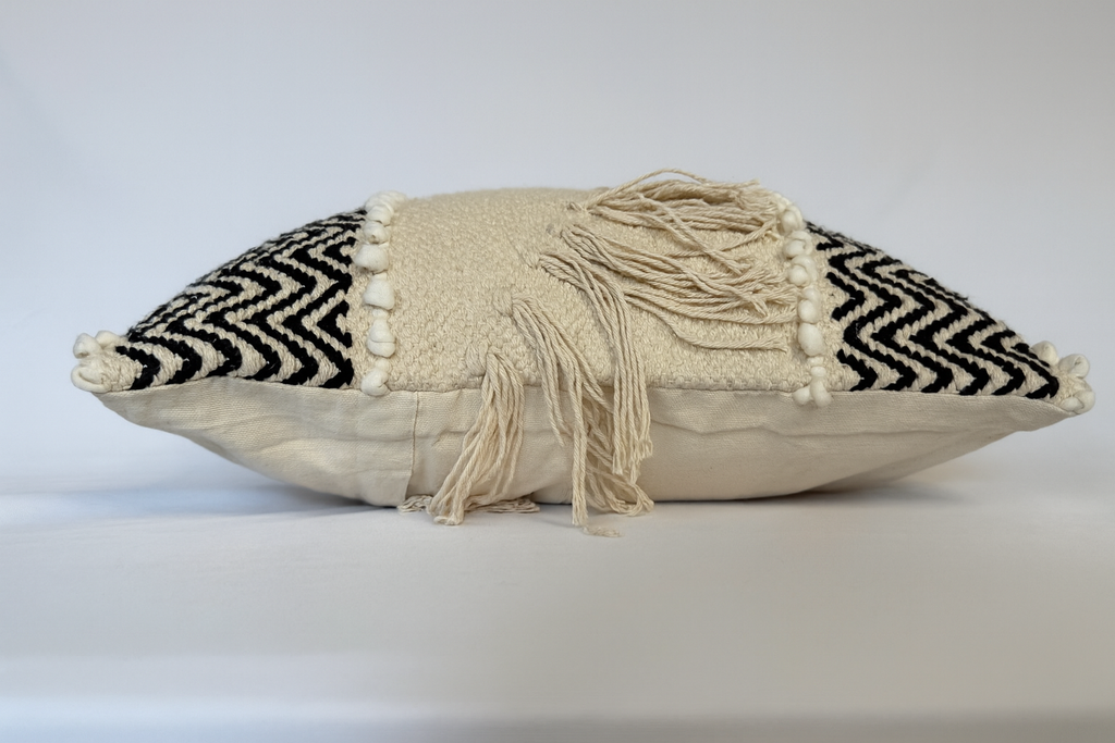 Boho Cushion Cover – Deep Noir on Vanilla - Diagonal Fringe