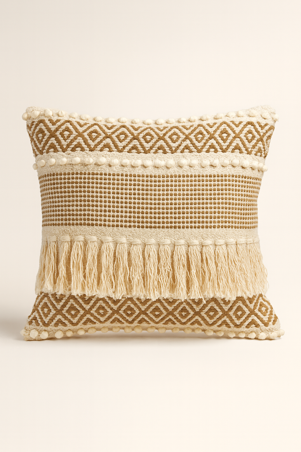 Boho Cushion Cover – Vanilla and Hazelnut - Single Fringe