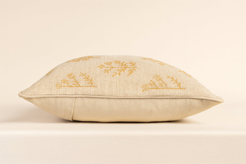 Natural White Cotton Cushion Cover - Gold Sprig Embroidery