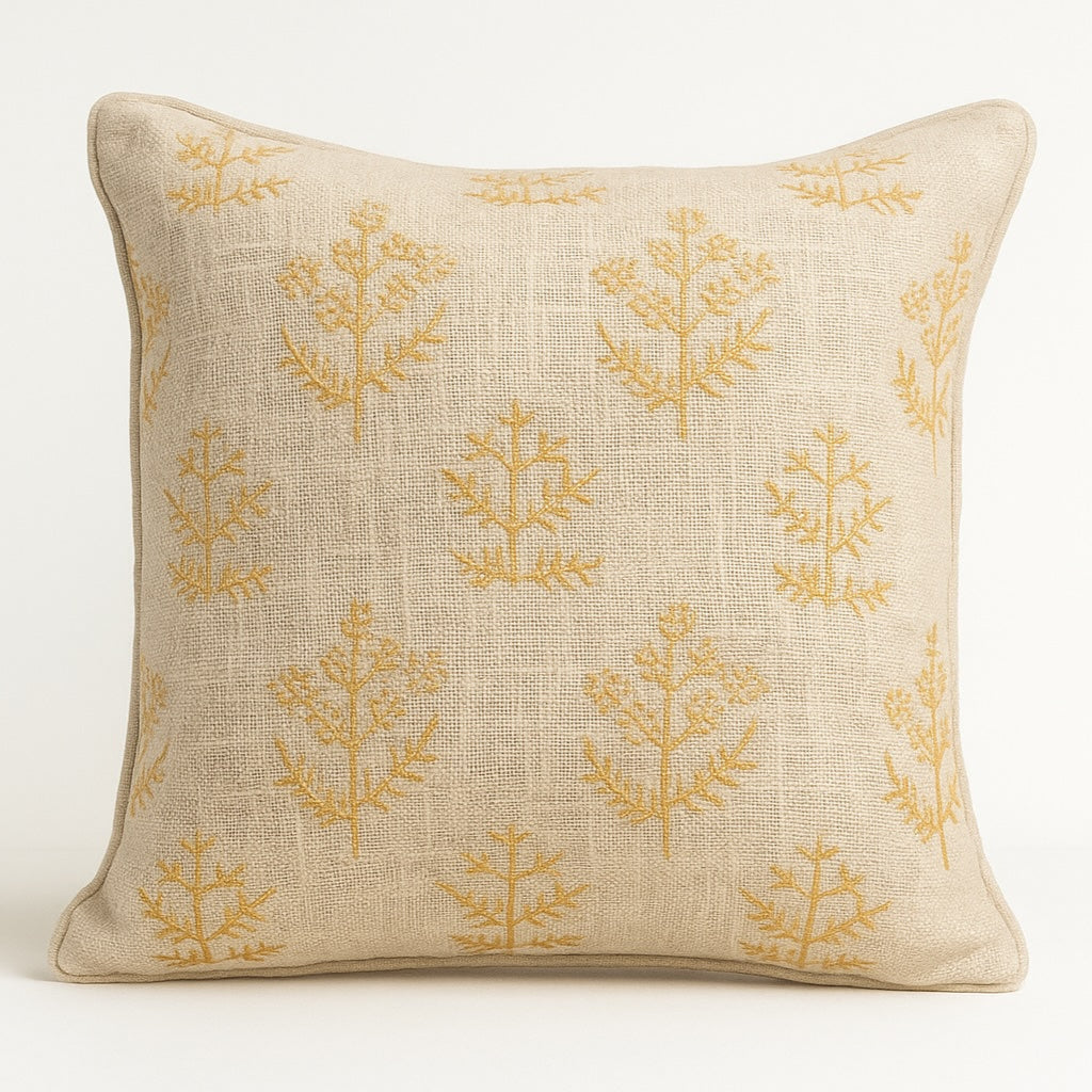 Natural White Cotton Cushion Cover - Gold Sprig Embroidery