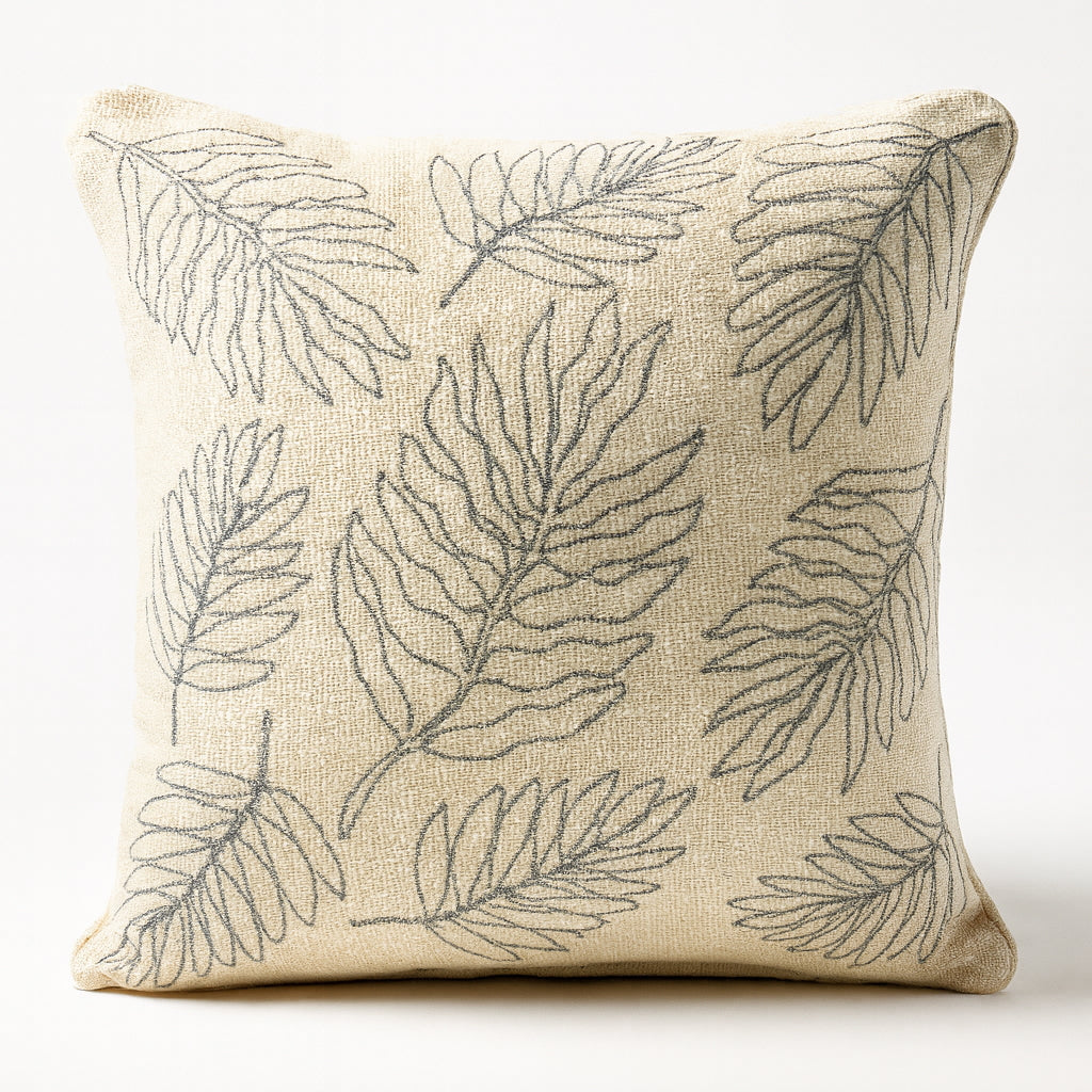 Natural White Cotton Cushion Cover - Fern Leaf Embroidery