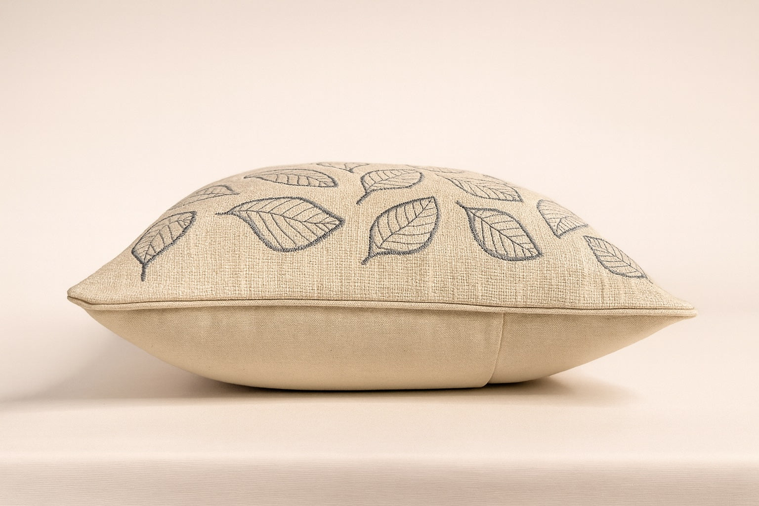 Natural White Cotton Cushion Cover - Grey Leaf Embroidery