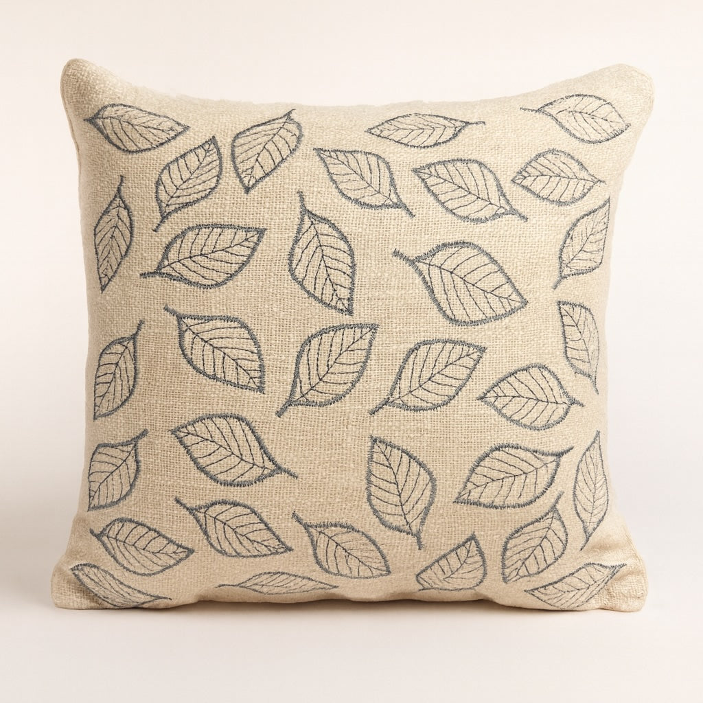 Natural White Cotton Cushion Cover - Grey Leaf Embroidery