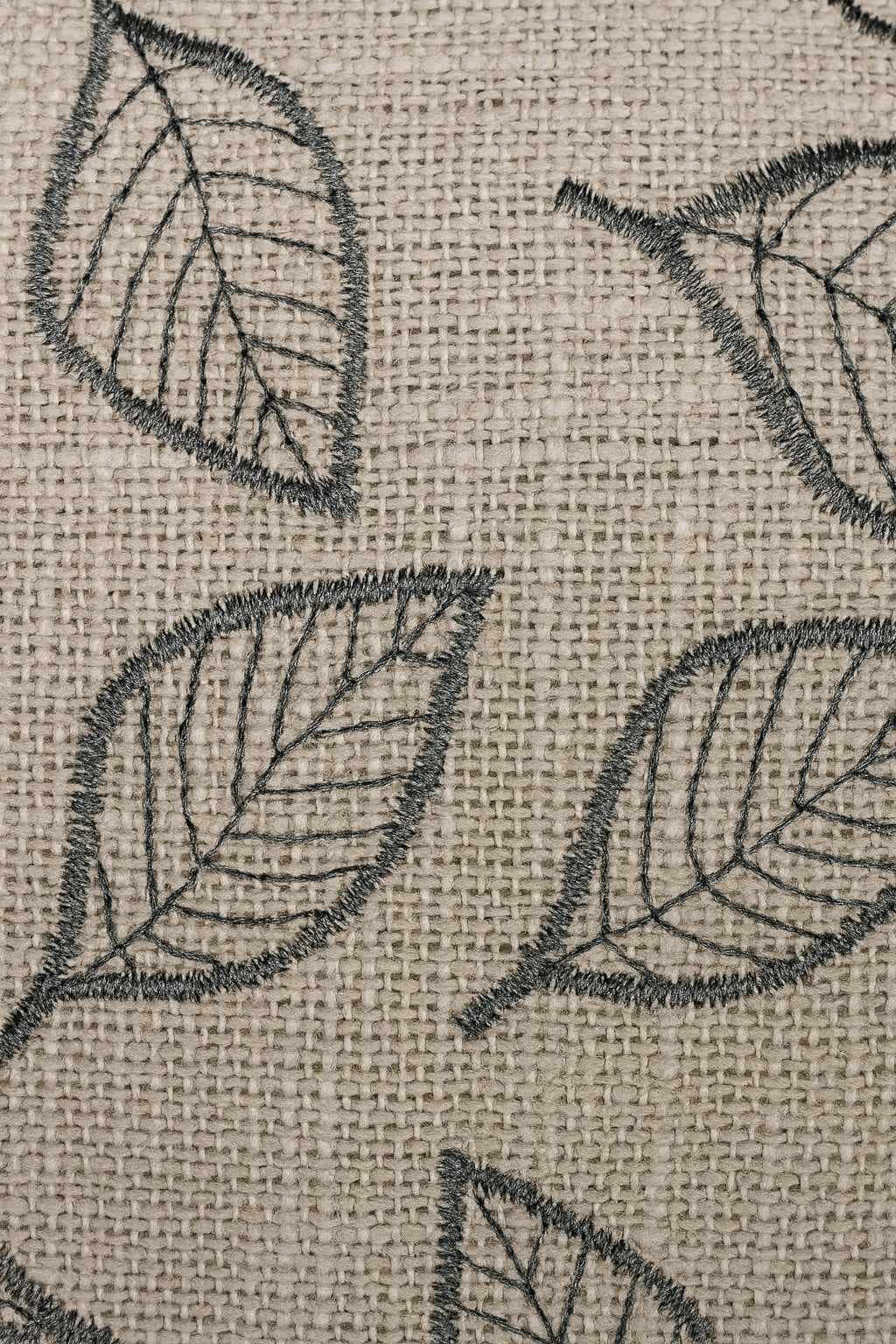 Natural White Cotton Cushion Cover - Grey Leaf Embroidery