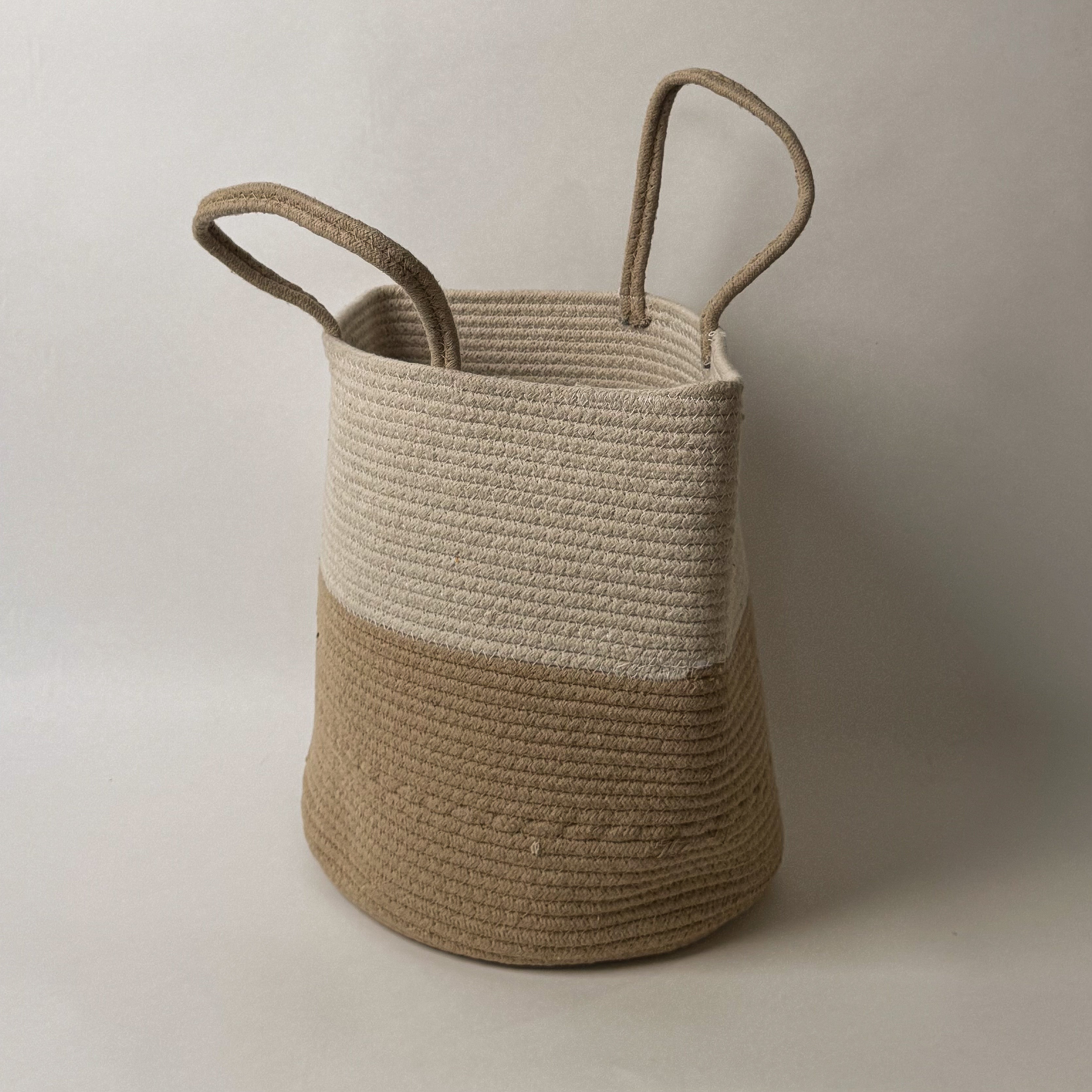 Two-Tone Cotton Basket Bag with Handles – Handcrafted Utility Tote