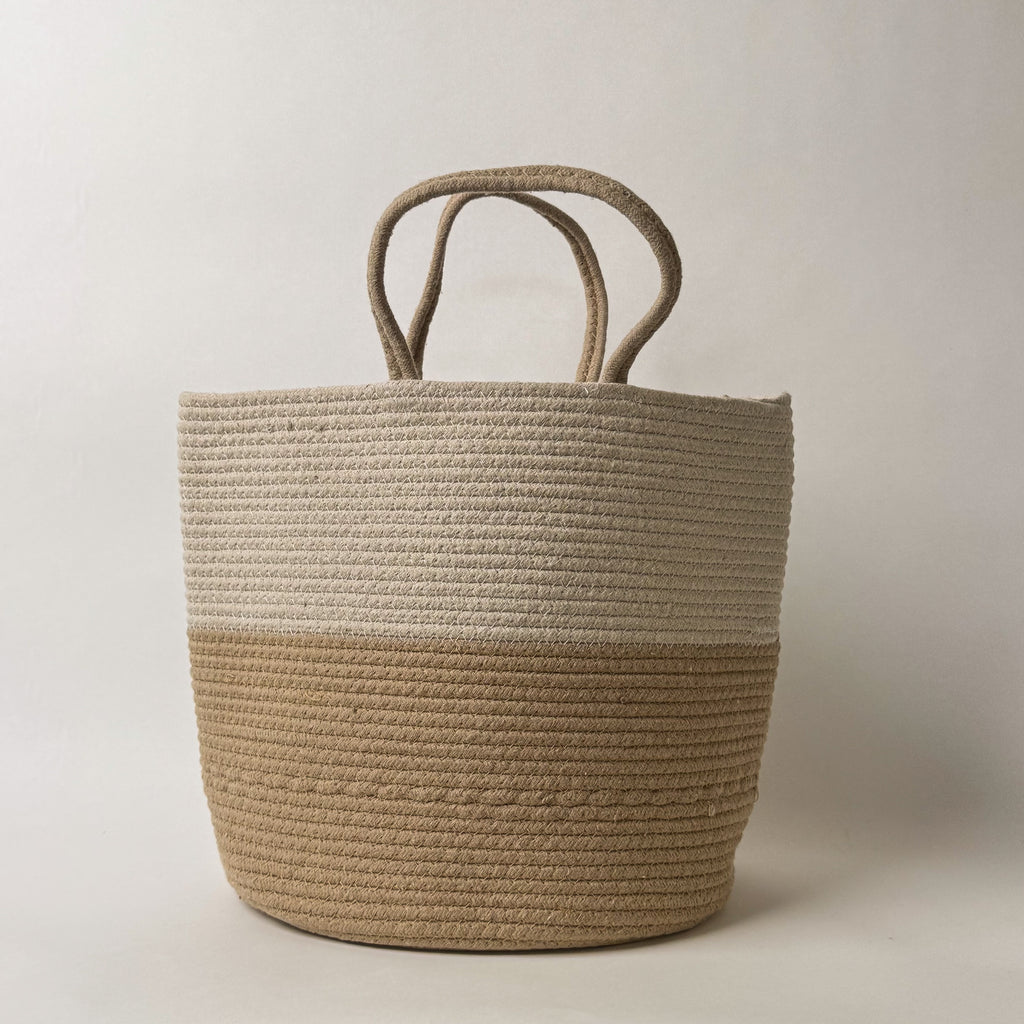 Two-Tone Cotton Basket Bag with Handles – Handcrafted Utility Tote