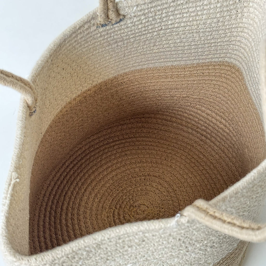 Two-Tone Cotton Basket Bag with Handles – Handcrafted Utility Tote