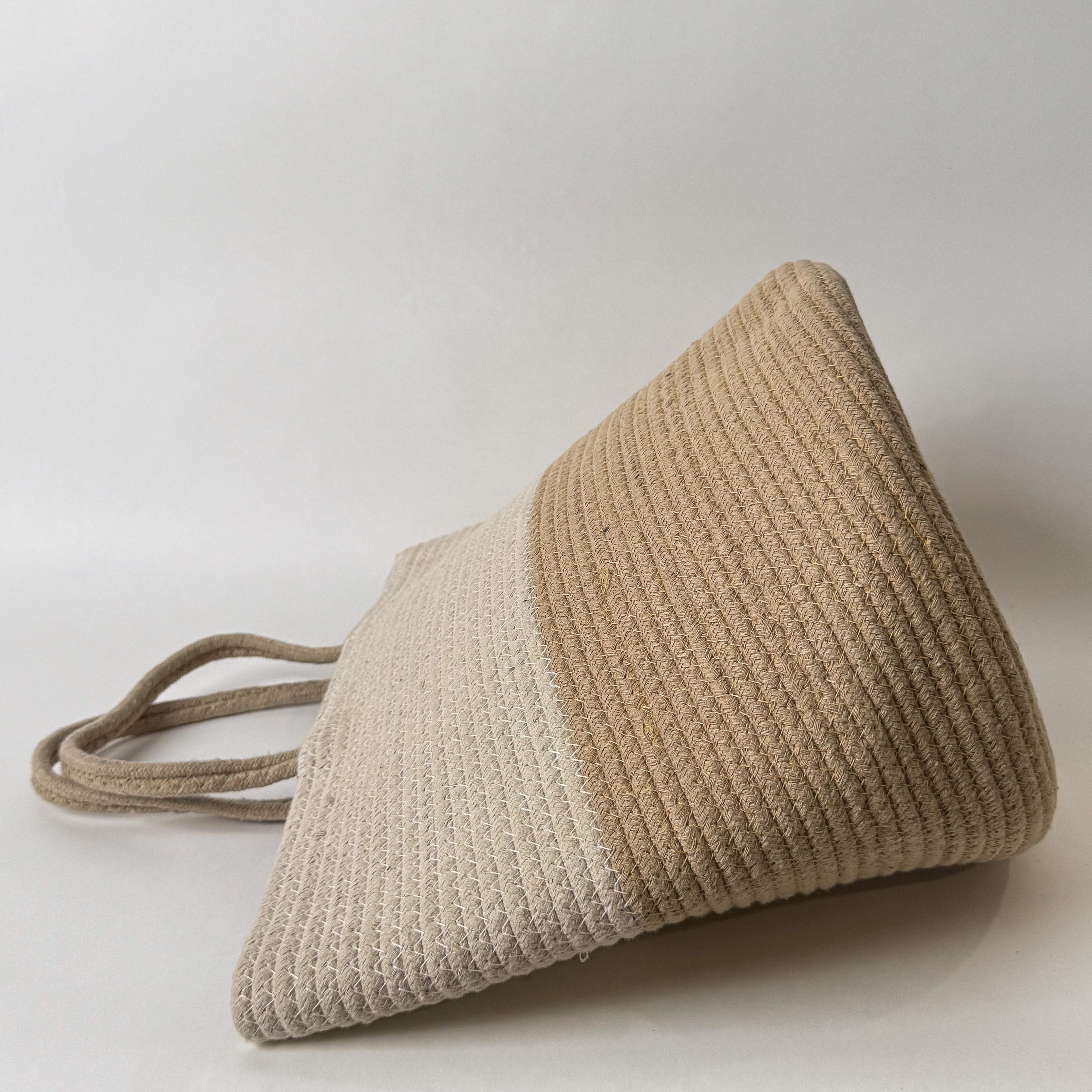 Two-Tone Cotton Basket Bag with Handles – Handcrafted Utility Tote