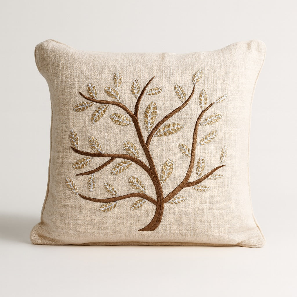 Natural White Cotton Cushion Cover – Tree of Calm Embroidery